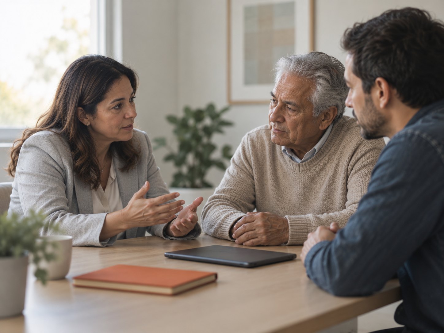 A physician explains care to an older patient and his adult son in a bright consultation room.