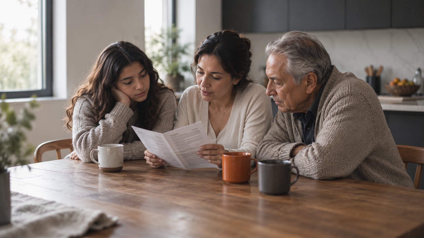 Three generations of a family at a kitchen table while one of them reads a leaflet aloud to the others.