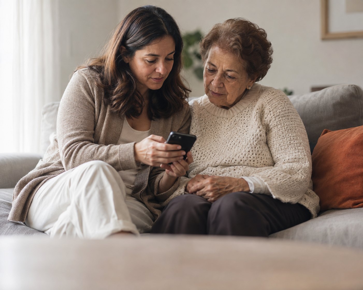 A woman helps her elderly mother read health information on a phone, sitting together on a sofa at home.